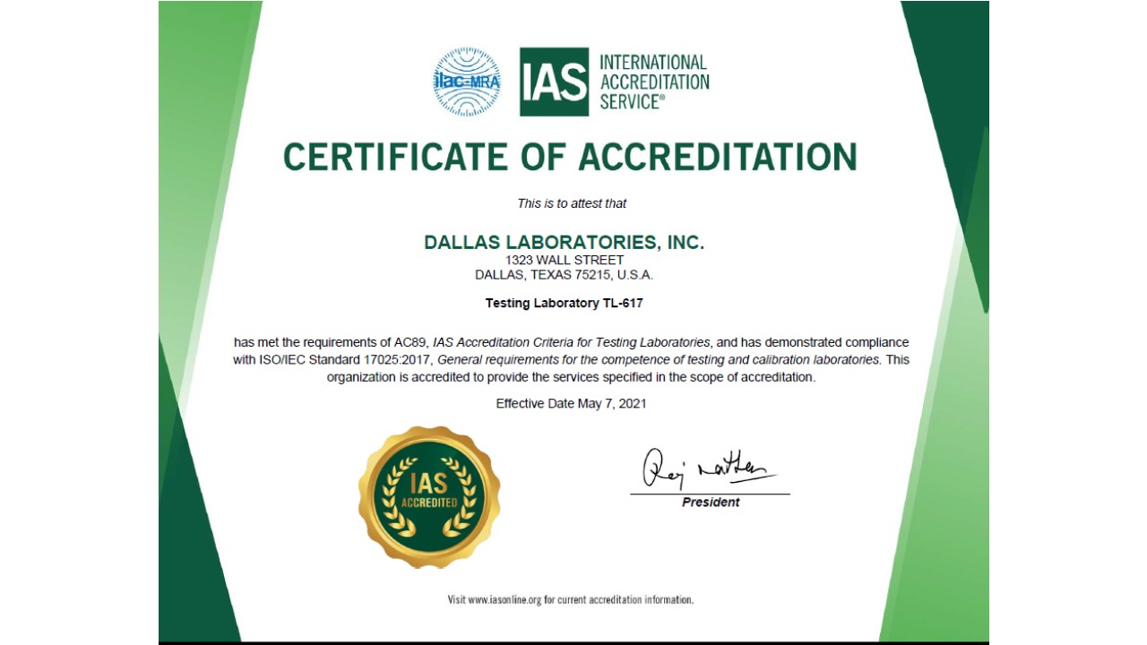 Accreditation of Dallas Laboratories AAMA IAS many industry associations